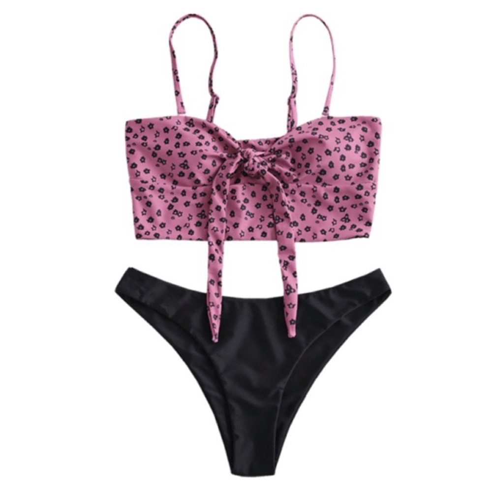 ZAFUL Ditsy pink/black print knotted top bikini -L